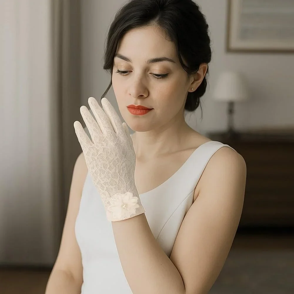 Women's Embroidery Beige Short Lace Wrist Gloves Design Party Accessories - Picture 5 of 7